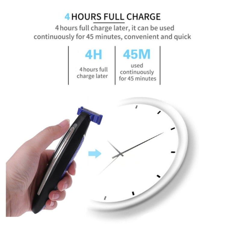 Handheld electric shaver with black body and blue detail, showing retractable trimmer head