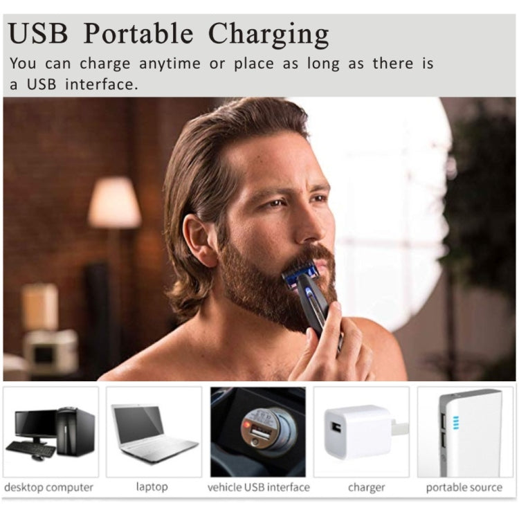 Electric men’s shaver used for facial hair trimming, black-and-blue handle and blade