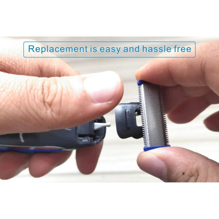 Electric shaver blade replacement showing hands removing and attaching the cutting head