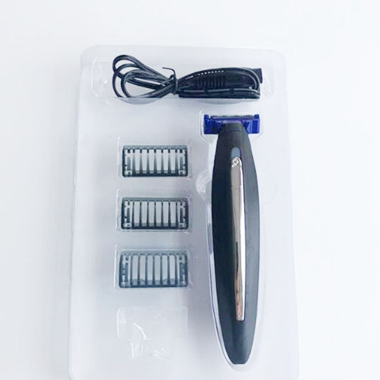 Electric shaver kit in clear case with black handle, blue head, and replacement blades plus cable
