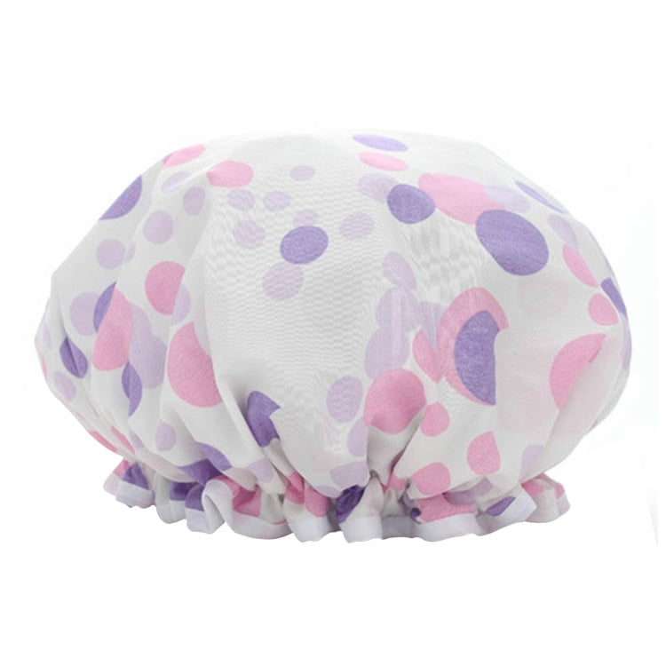Waterproof shower hair cap, white with purple and pink polka-dot leaf pattern, ruffled edge