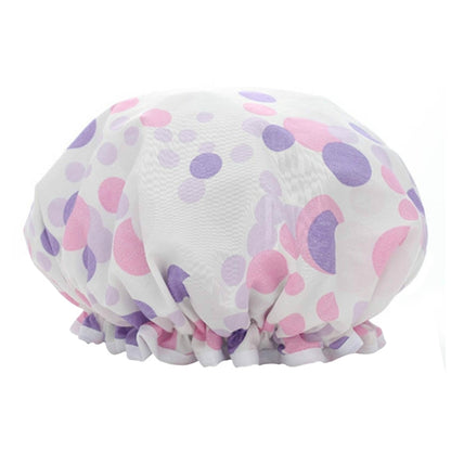 Waterproof shower hair cap, white with purple and pink polka-dot leaf pattern, ruffled edge