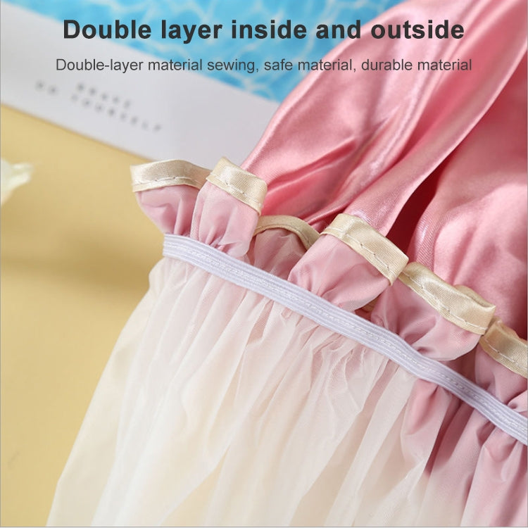 Double-layer shower hair cap, light pink satin lining with elastic band detail