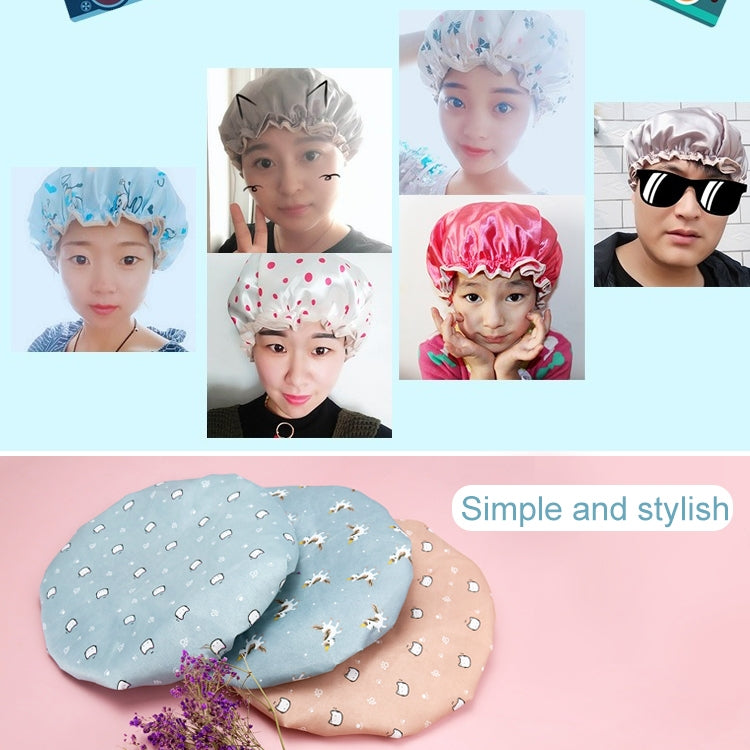 Waterproof shower hair cap, light blue with small pattern and ruffled edge