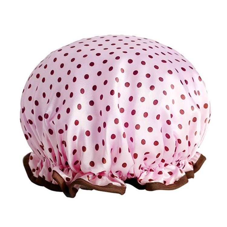 Waterproof shower hair cap, pale pink with dark red polka dots, rounded top