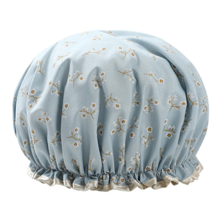 Waterproof shower hair cap, light blue with small floral print and gathered ruffle hem