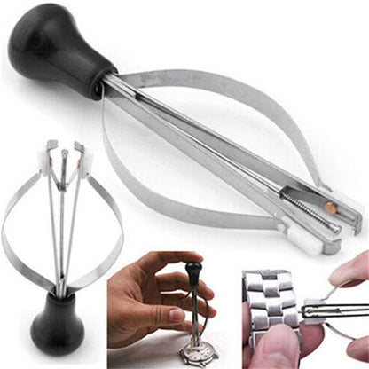 Watch pointer remover tool with black handle and metal clamp arms, loop band included