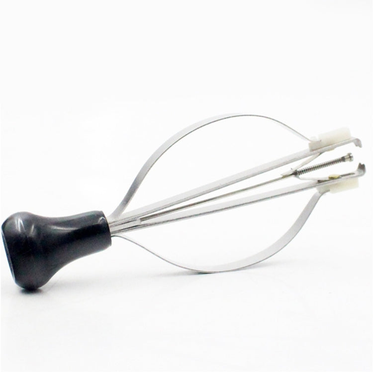 Watch pointer remover tool with black handle, silver metal arms, white loop band