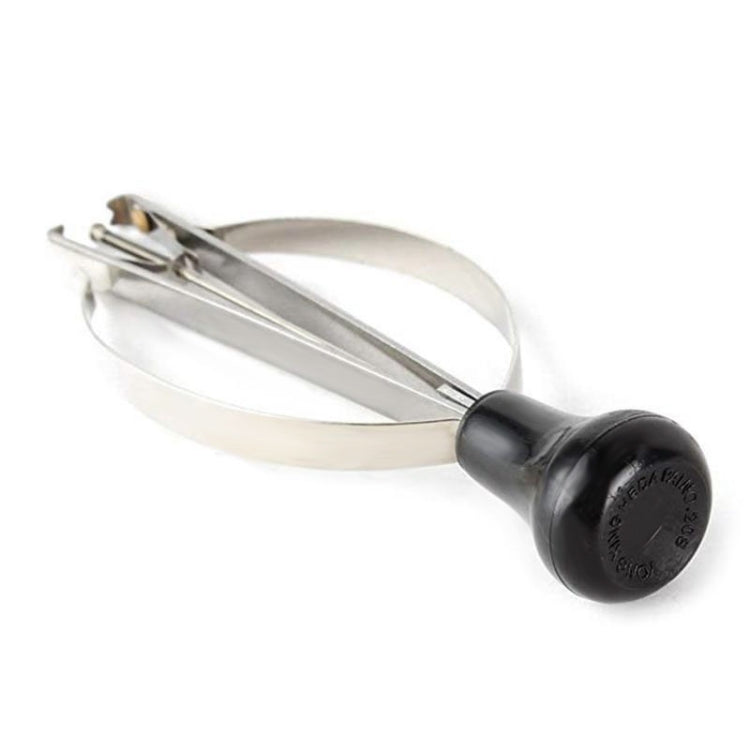 Watch pointer remover tool with black handle and silver clamp, circular band loop