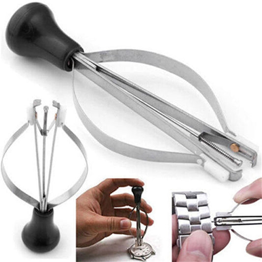 Watch pointer remover tool with black handle and metal clamp arms, loop band included
