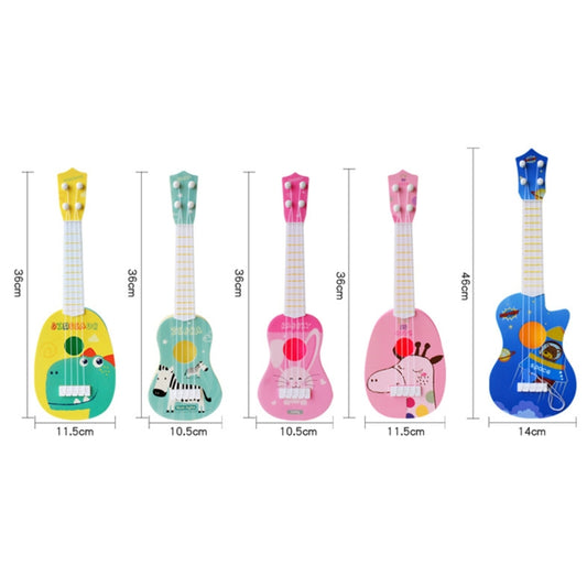 Assorted animal mini ukuleles: cat, crocodile, rabbit, giraffe, and blue bear designs.