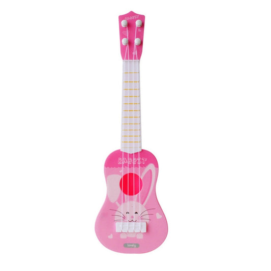 Pink rabbit mini ukulele toy with four strings and raised pegs on the headstock.