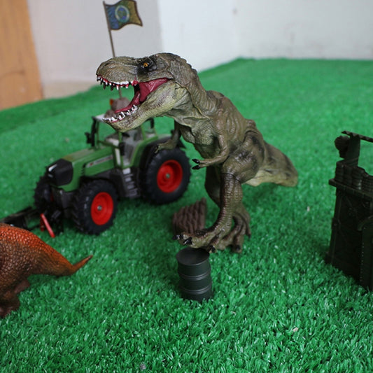 Dark green T-Rex toy standing with open jaws and red throat interior