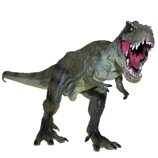 Dark green T-Rex toy with open jaws and teeth, standing in side profile