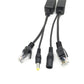 Black PoE splitter cables with RJ45 ends and DC barrel plug power output