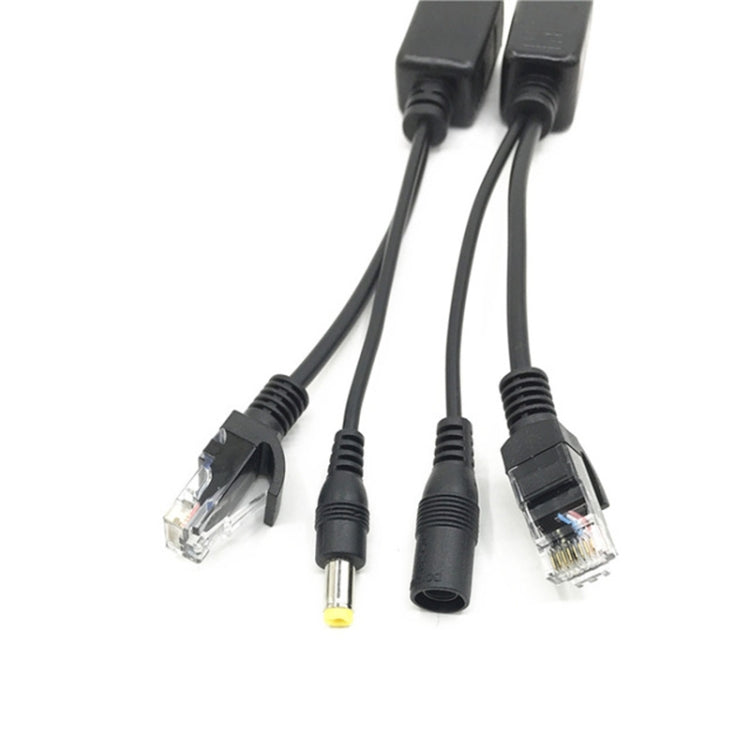 Black PoE splitter cables with RJ45 ends and DC barrel plug power output