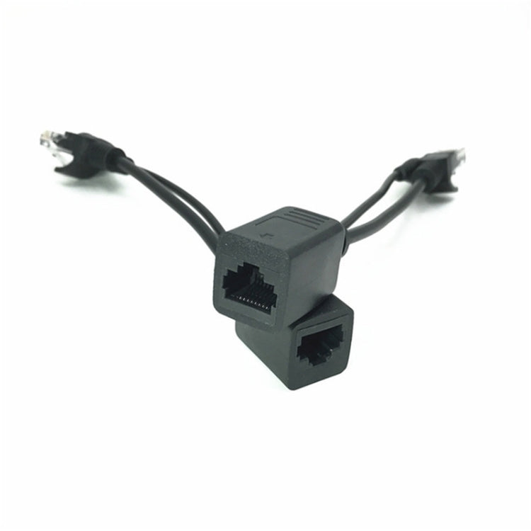 Black PoE splitter adapter with two RJ45 sockets and cable pigtails