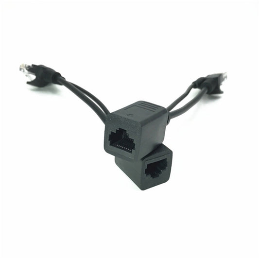 Black PoE splitter adapter with two RJ45 sockets and cable pigtails