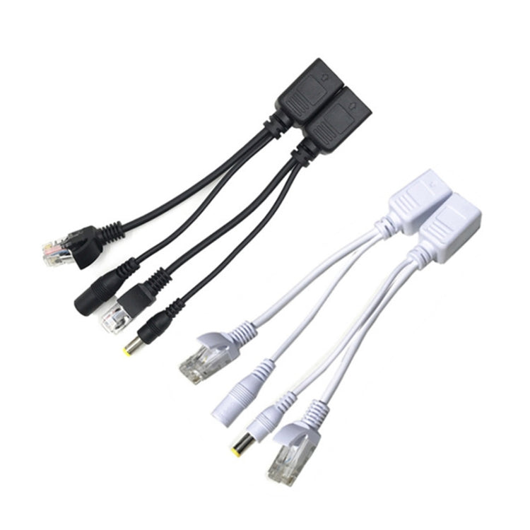PoE splitter cable set with black and white RJ45 leads and DC power outputs