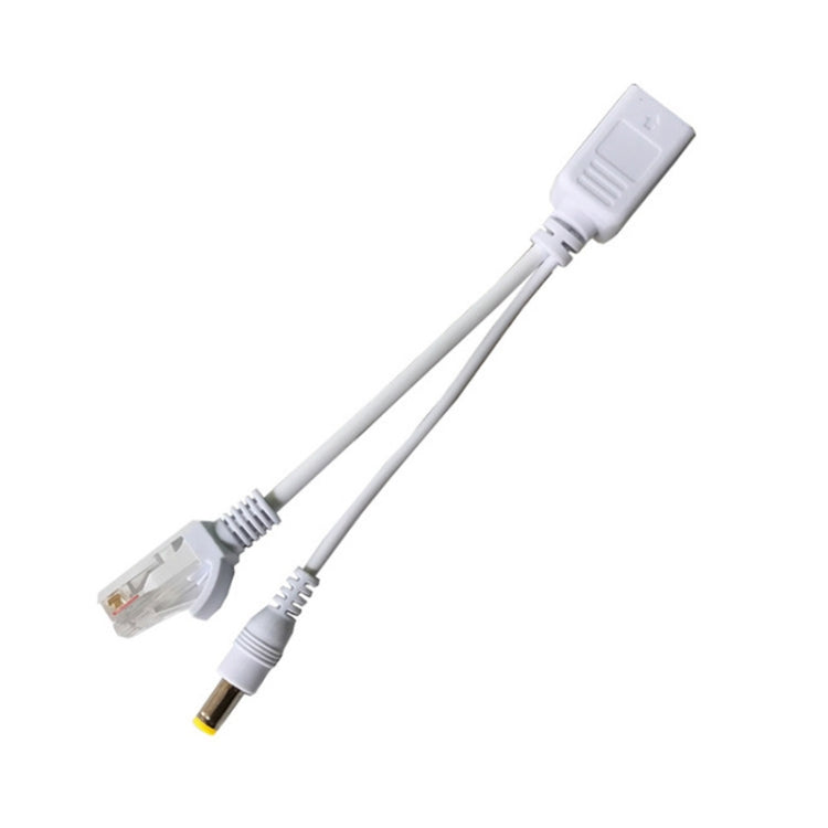 White PoE RJ45 splitter cable with RJ45 end and DC barrel power plug