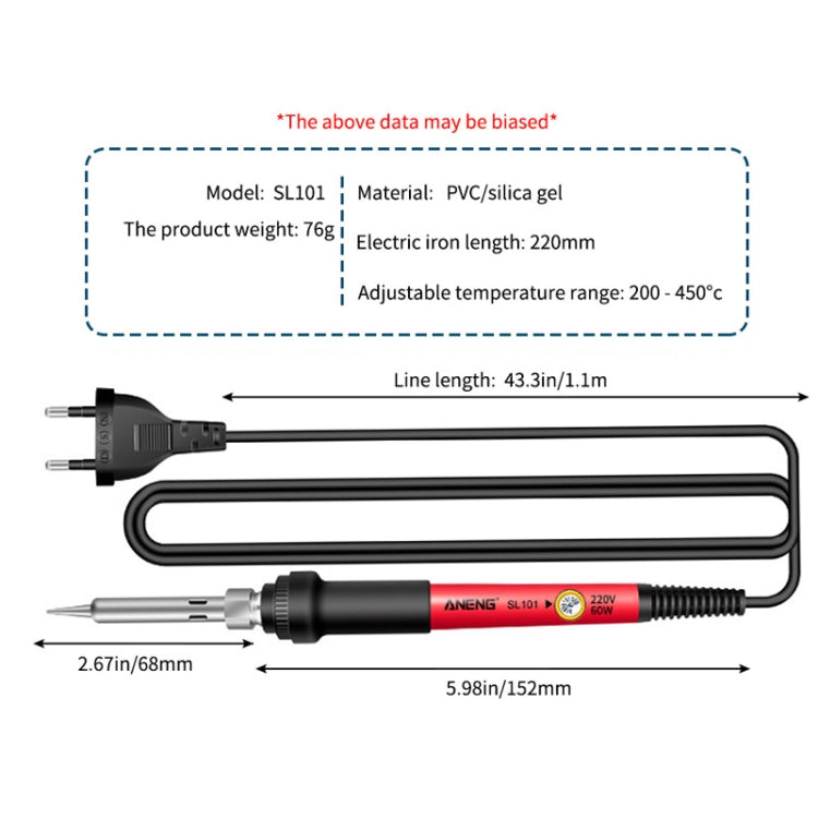 Adjustable electric soldering iron with power cord, shown with measurements and tips