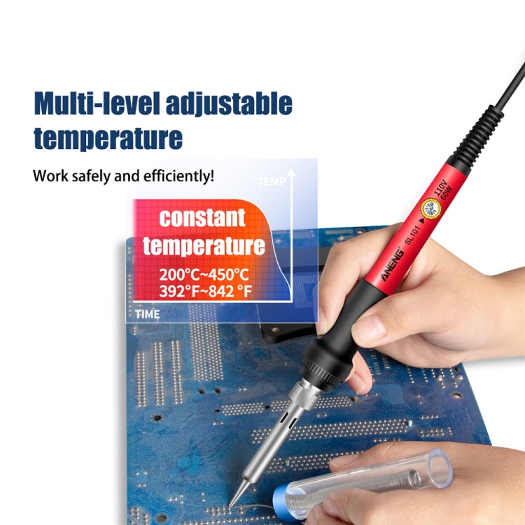 Red and black soldering iron with metal tip, shown applying to electronic circuit board