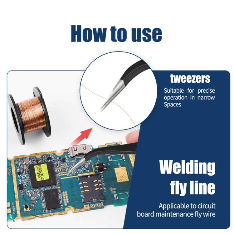 Soldering iron with tip for precise work, shown repairing circuit board fly line