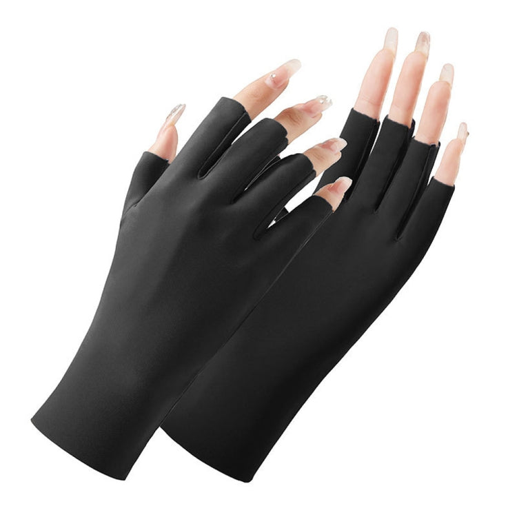 Black half-finger sunscreen gloves with open fingers, two hands wearing