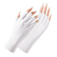 White half-finger sunscreen gloves with open fingers, two hands wearing