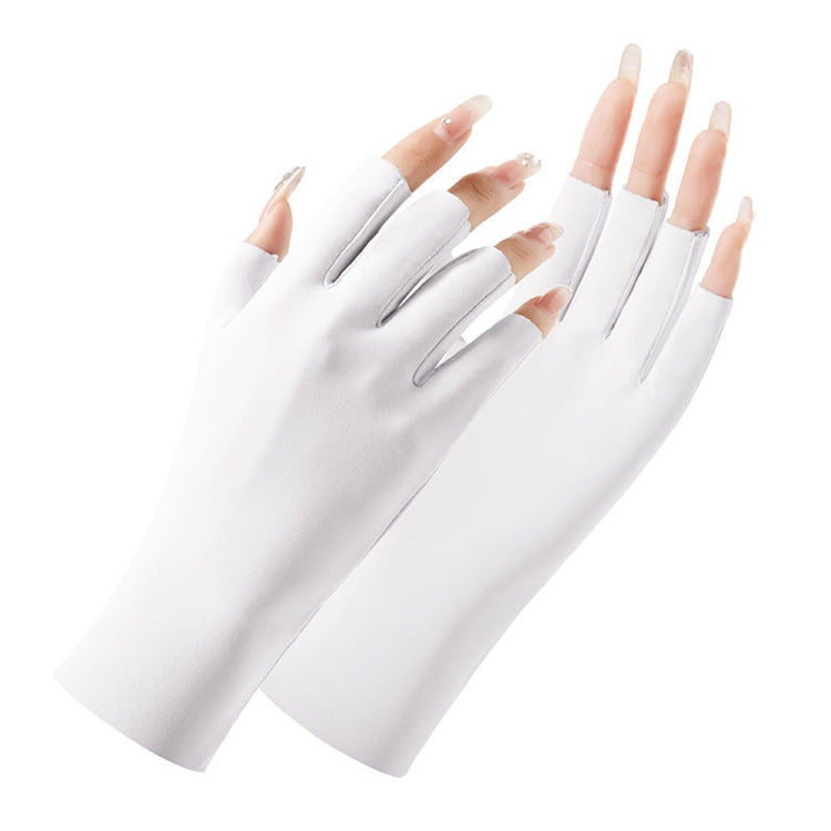 White half-finger sunscreen gloves with open fingers, two hands wearing