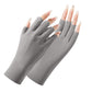 Gray half-finger sunscreen gloves with open fingers, two hands wearing