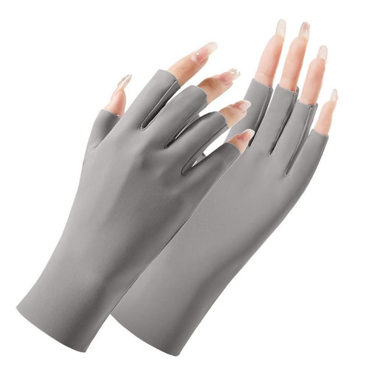 Gray half-finger sunscreen gloves with open fingers, two hands wearing