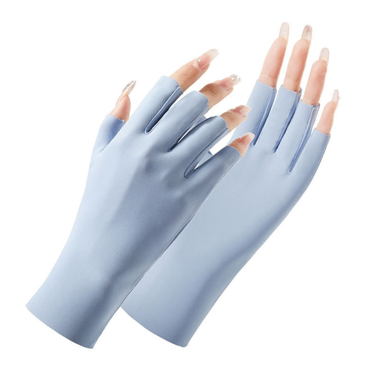 Light blue half-finger sunscreen gloves with open fingers, two hands wearing