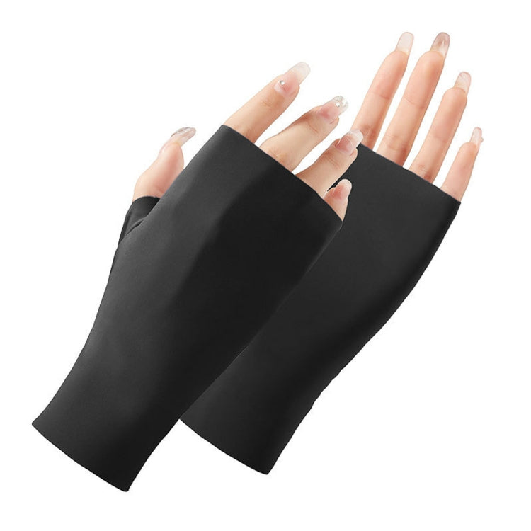 Black half-finger sunscreen gloves with open fingers, long cuffs, two hands