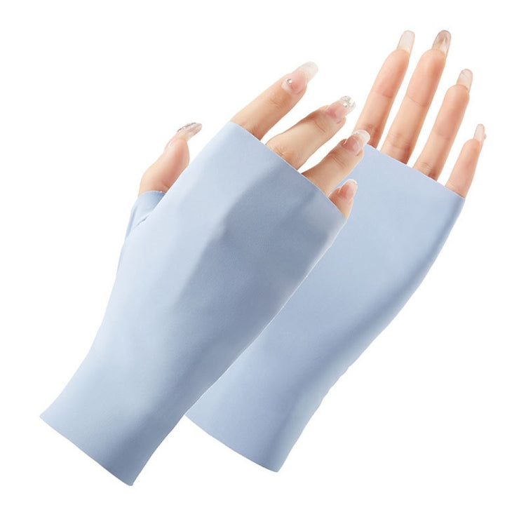 Powder blue half-finger sunscreen gloves with open fingers, long cuffs
