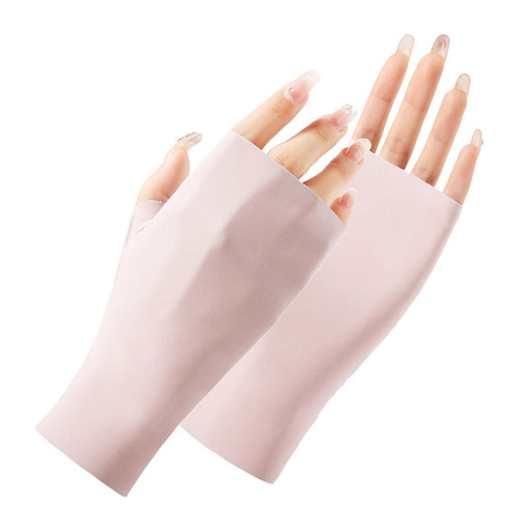 Light pink half-finger sunscreen gloves with open fingers, two hands wearing