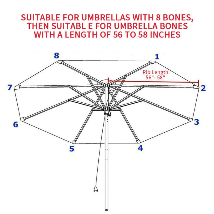 Umbrella replacement cloth diagram for 8 ribs with rib lengths labeled 56–88 in