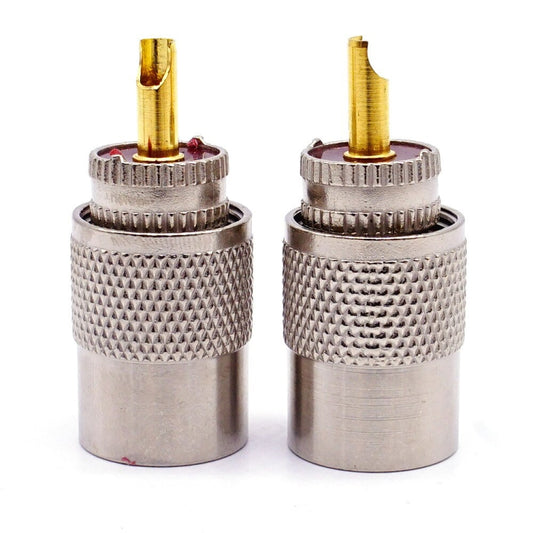 Pair of UHF male PL259 connectors, knurled metal sleeve and gold center pin