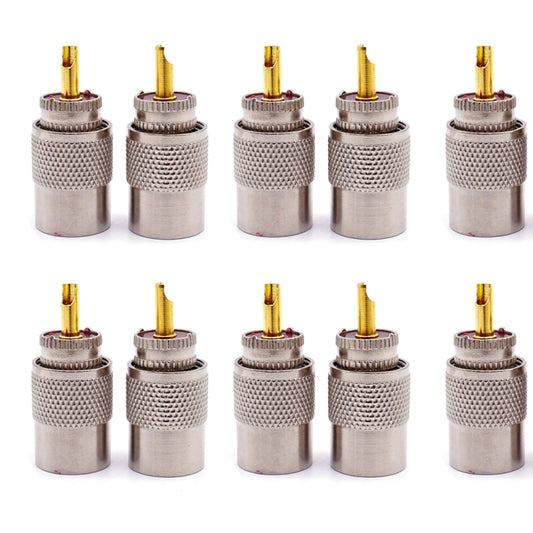 Set of 10 UHF male PL259 cable connectors, gold center pin, silver threaded body