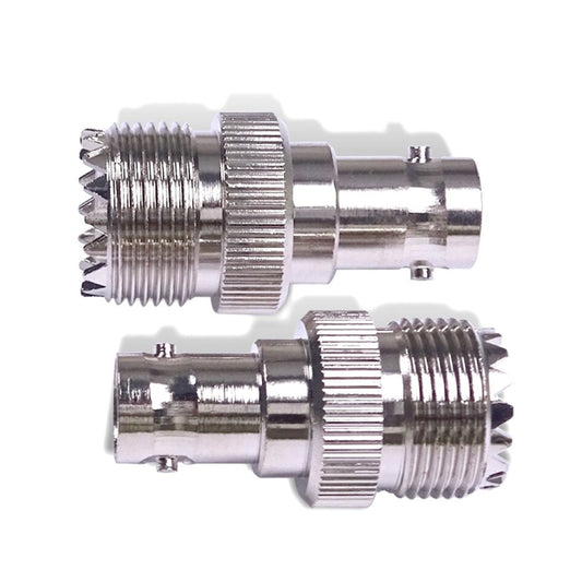 Dual-ended RF coax adapter with threaded BNC and UHF female connectors, metal
