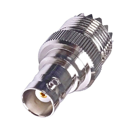 Straight RF coax adapter, BNC female to UHF PL-259 female, silver metal connector