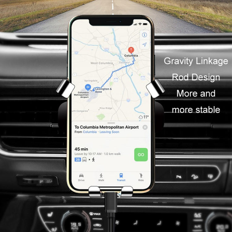 Black gravity phone holder mounted to car air vent with stable phone cradle