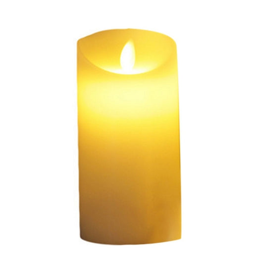 Warm yellow flameless LED candle with wax-style cylinder and lit flame effect