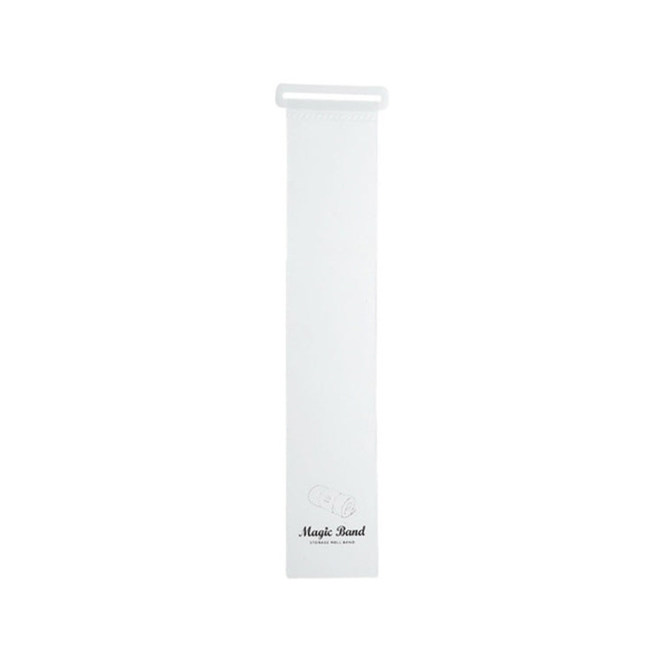 White self-adhesive clothing roll strap with top clip and label