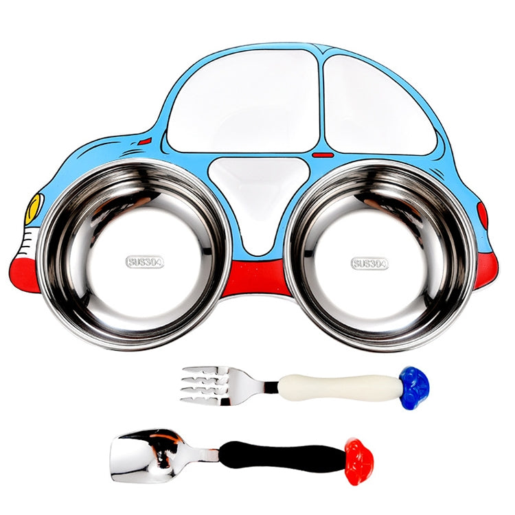 Kids blue car divided stainless steel dinner plate with two bowls, fork and spoon