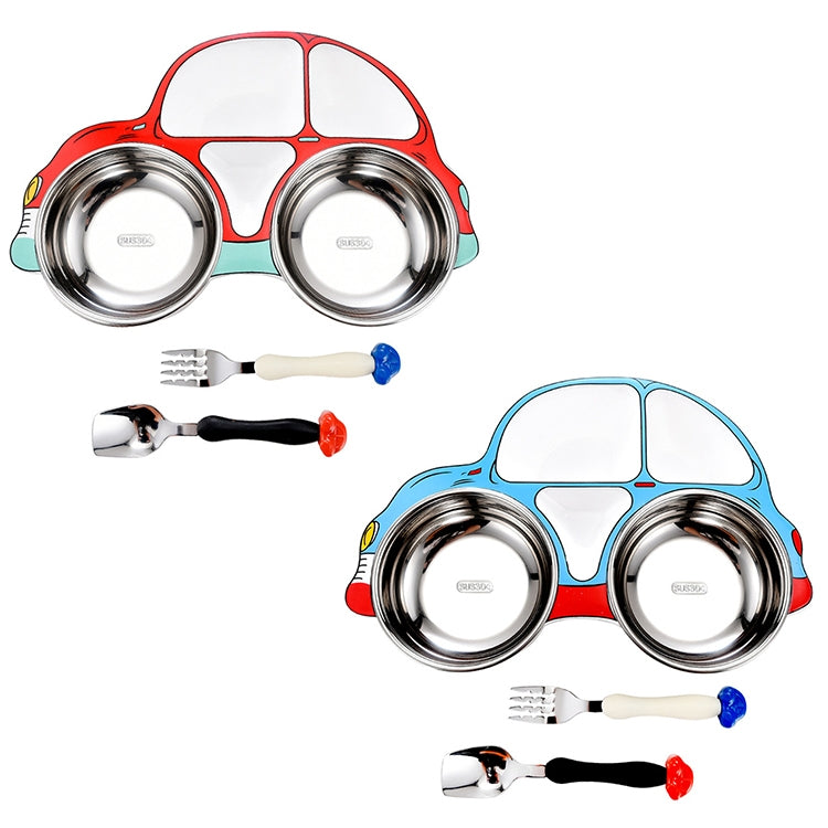 Kids car-shaped divided stainless steel dinner plate set with two bowls and fork/spoon