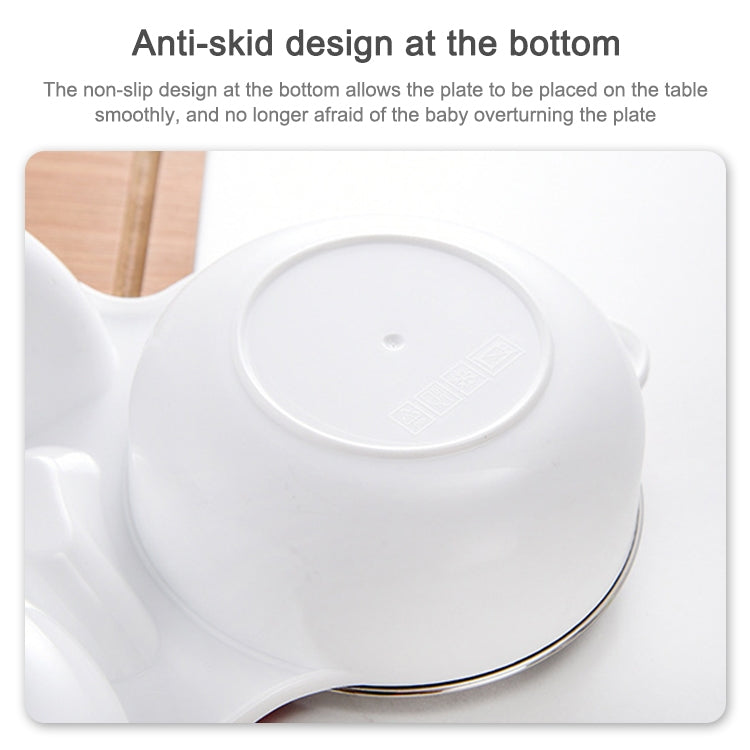Kids dinner plate anti-skid bottom, white with curved edge and stainless rim