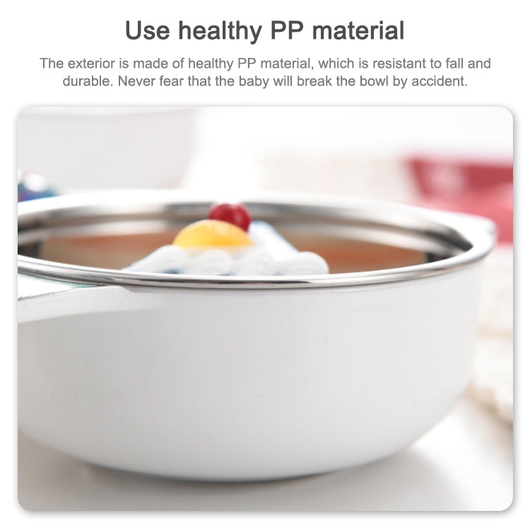 White kids dinner bowl with stainless inner rim and colorful food pieces