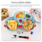 Blue kids car-shaped divided dinner plate with compartments, stainless bowls, fork and spoon