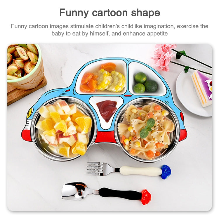 Blue kids car-shaped divided dinner plate with compartments, stainless bowls, fork and spoon